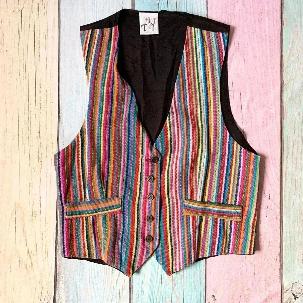 Cute vintage colorful stripes sleeveless button down vest size medium - Picture 3 of 9